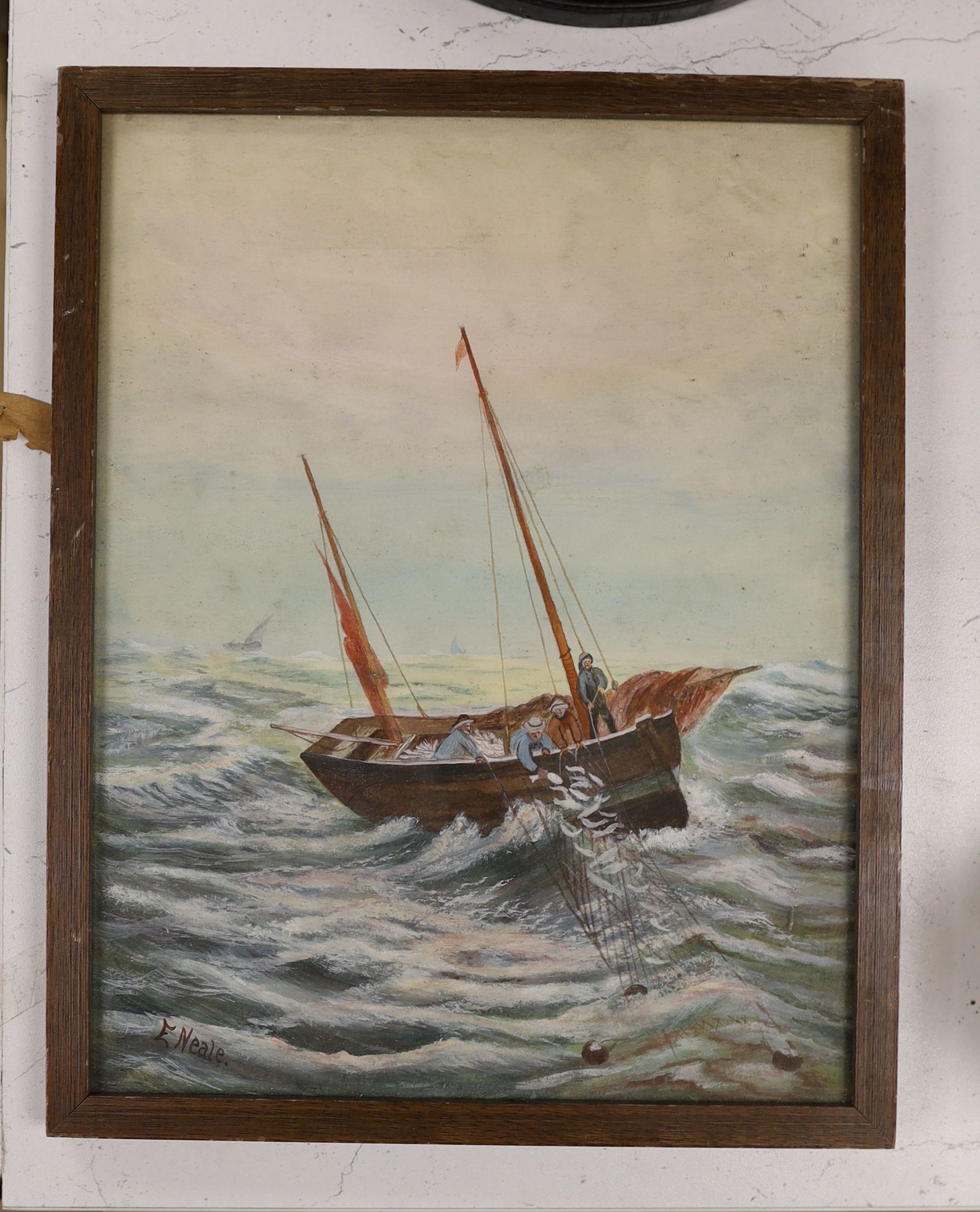 E. Neale, watercolour, Fishermen hauling in the nets, signed, 28 x 22cm